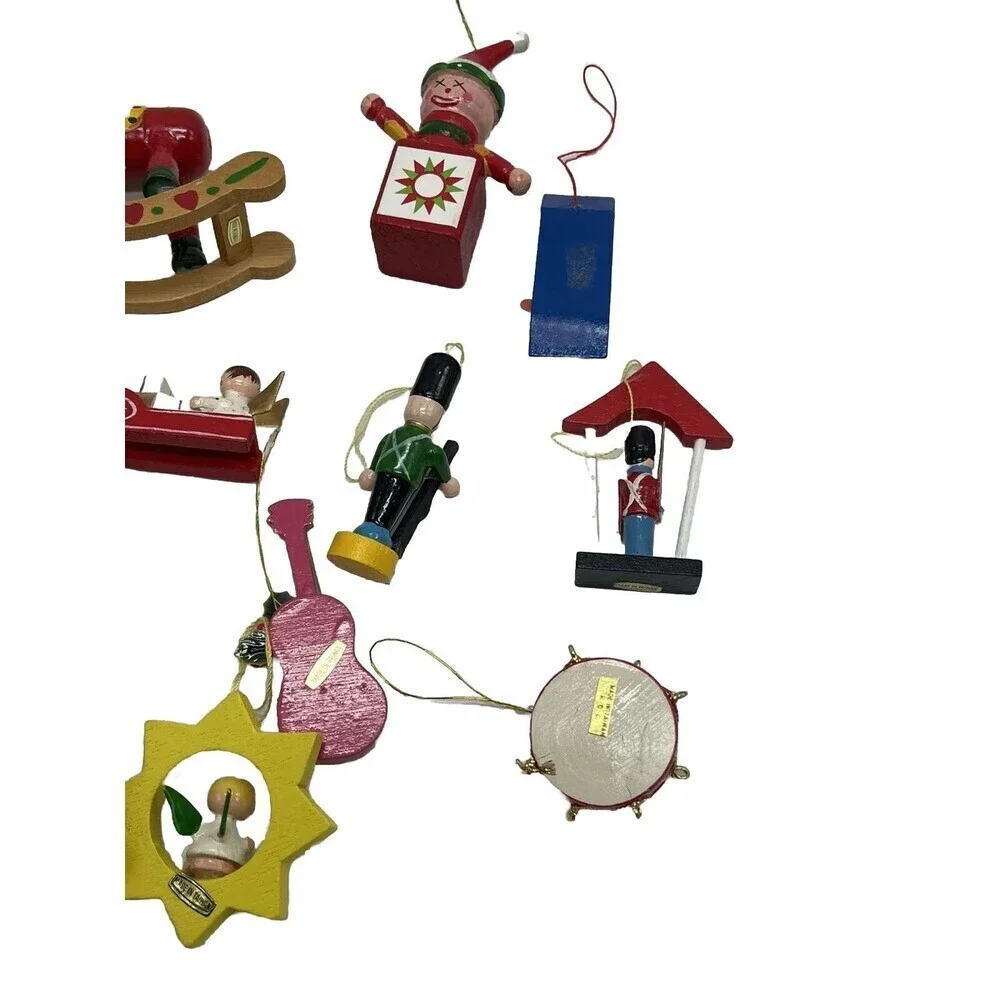 Lot 15 Christmas Ornaments Wood Vintage Mini Wooden Painted Angel Drum Snowman